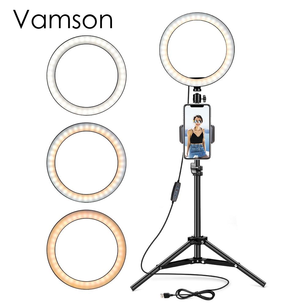 Vamson Selfie LED Anello di Luce della lampada con il Treppiedi Del Basamento Del Supporto Del Supporto Del Telefono per Streaming In Diretta/Trucco/YouTube Video Fotografia illuminazione anulare