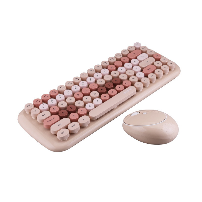 Kit de clavier et souris sans fil 2.4G pour filles, rétro, Vintage, 84 touches rondes colorées, Orange, rose, bleu, vert, pour ordinateur portable,: khaki-84 keys