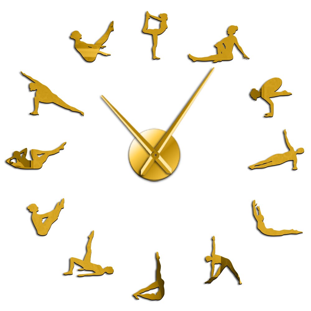 Pilates Poses Diy Big Needles Wall Clock For Girls Room Fitness Center Sport Exercise Health Quiet Watch Home GYM Decor Clock: Gold Wall Clock / 27inch