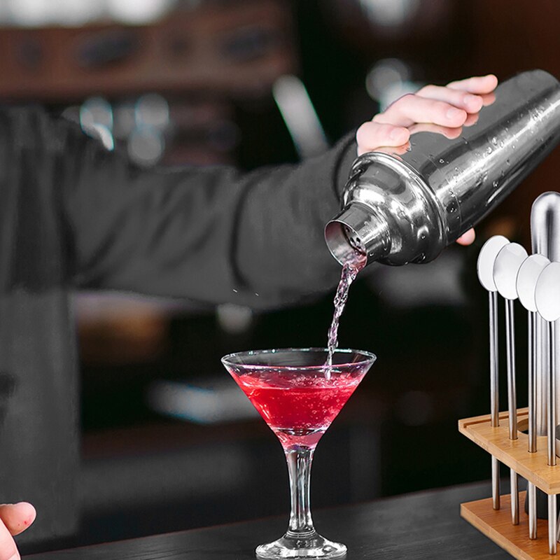 14 PCS Barware Set Stainless Bar Cocktail Shaker Set Shaker Set With Wooden Rack Storage Stand Bars Mixed Drinks Tool Holder
