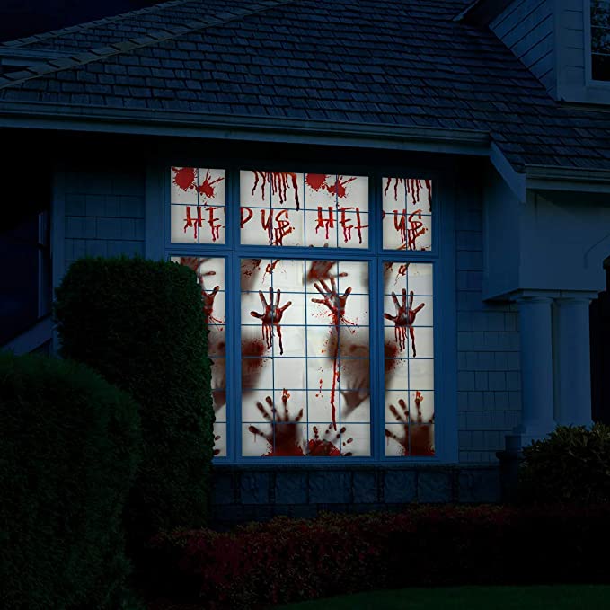Halloween fönster dörr täcka huvudrum dekoration, läskiga blodiga handavtryck