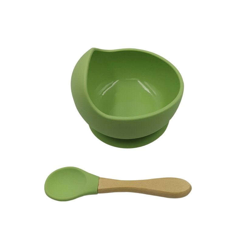 2 Pcs Non-Slip Learning Feeding Tableware BPA Free Silicone Waterproof Baby Suction Cup Base Bowl Training Spoon Set: Green