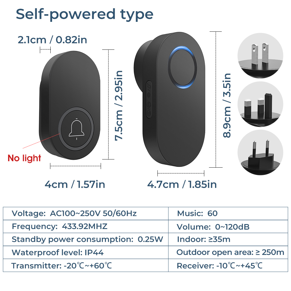 Self Powered Doorbells No Need Battery 120dB 60 Chimes 250M Range EU US UK Plug Waterproof Door Bell For Office,Home