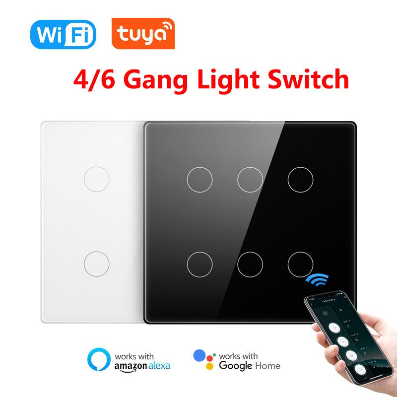 Tuya Wifi Slimme Lichtschakelaar 4X4 Touch Screen Panel 100-240V 4/6 Gang Brazilië Licht Muur switch Werkt Met Alexa, google Thuis