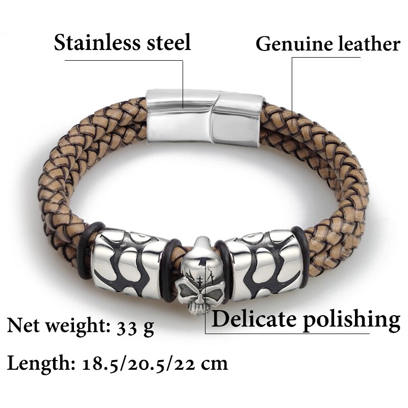 Pop Bohemian Style 316 Stainless Steel Men&#39;s Bracelet Ghost Head Accessories Woven Wine Leather Woman Bracelet 7 Day: clouds gray / 22cm