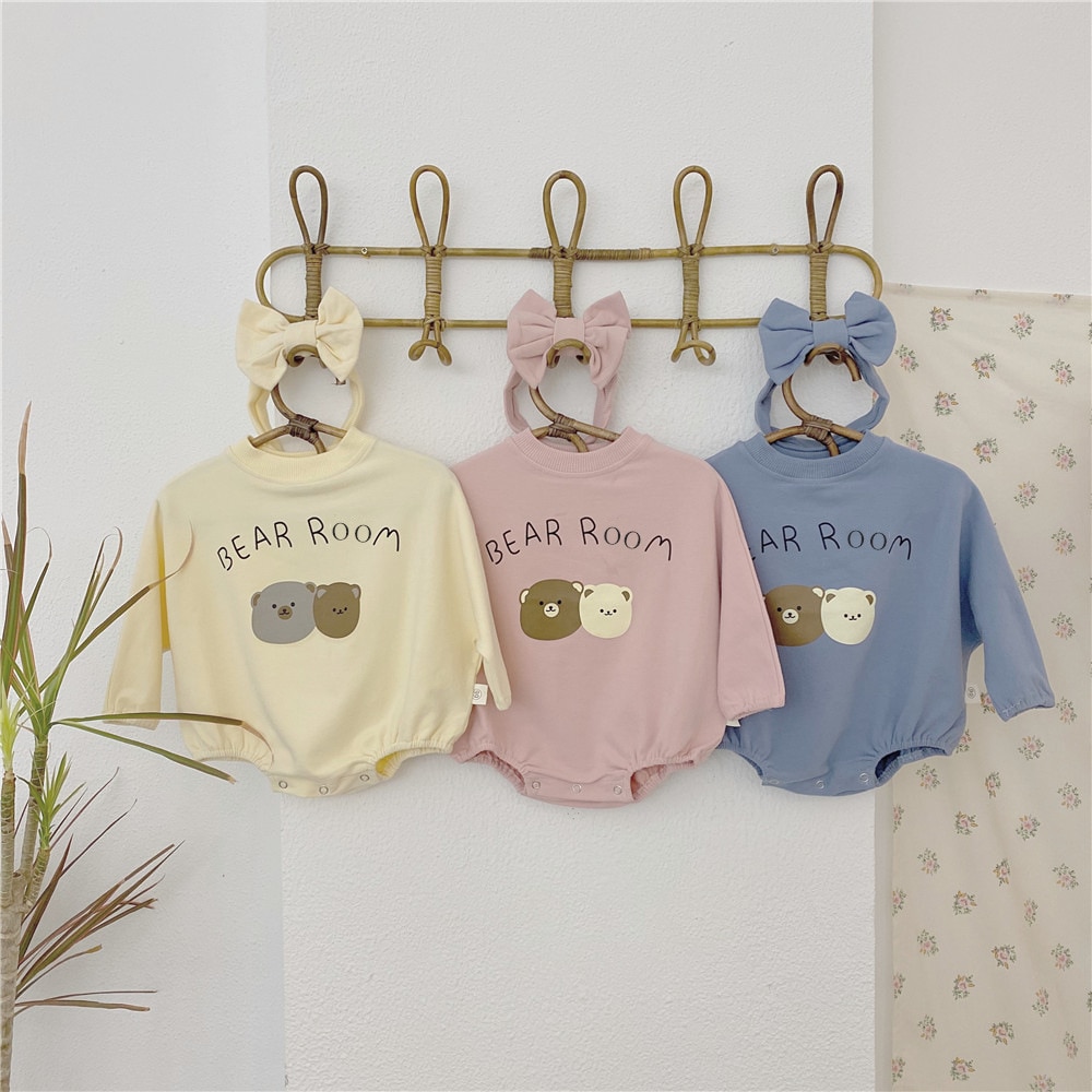 Milancel Baby Kleding Schattige Beer Patroon Baby Jongens Bodysuit Lange Mouwen Peuter Meisjes Jumpsuit Baby Hoofdband