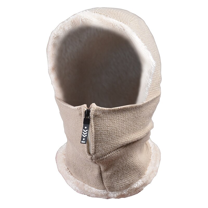 Winter Girl Knitted Hat Fleece Hood Thermal Face Cover with Zip Hat Vogue Neck Warmer Ski Riding Snow Cap Beanie Outdoor: Beige