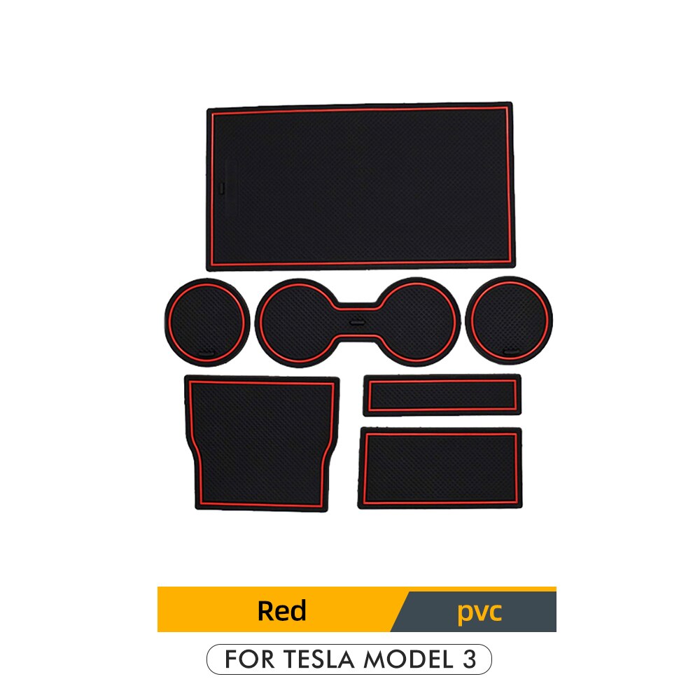 Tey 7 st/set för tesla modell tre biltillbehör grind spår dyna dörr spår gummimatta mittkonsol mugghållare modell 3: Röd
