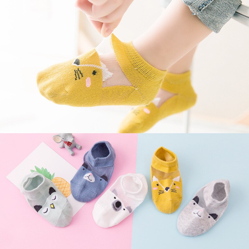 5 paires de chaussettes d'été en coton fin à la pour enfants, chaussettes pour bébés filles en bas âge: Yellow cat / M 4-6 year