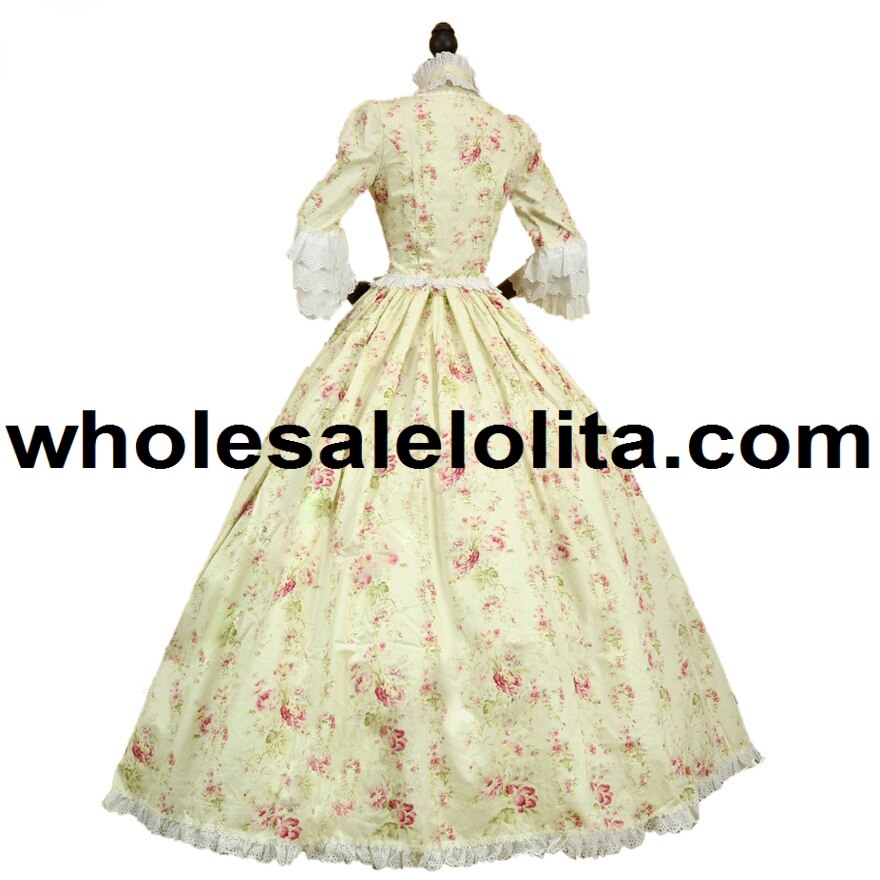 Top Renaissance Colonial Gothic Period Dress Floral Print Gown Reenactment Clothing