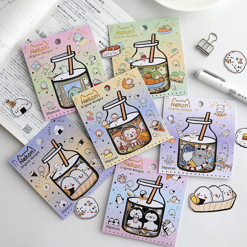 36 Stks/set Koreaanse Import Nekoni Leuke Dieren Sushi Briefpapier Stickers Scrapbooking Kleine Dagboek Stickers