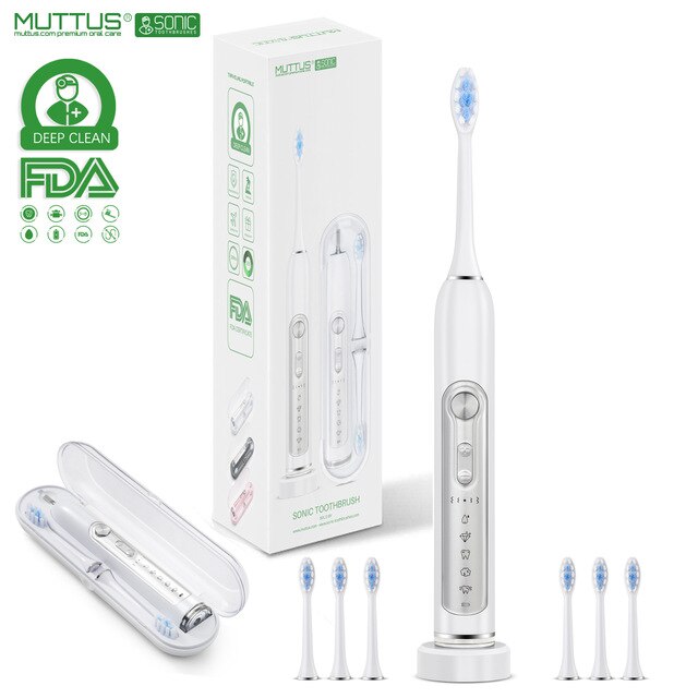 Premium Electric Toothbrush & Sonic Toothbrushes, MUTTUS, 5 Modes 15 Brushing Experience, 6 Brushheads, Travel Case Enable: White