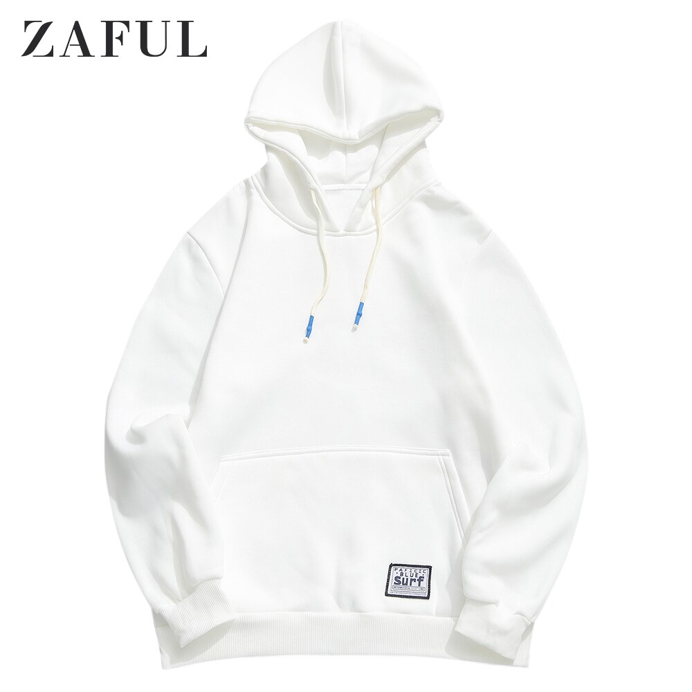 ZAFUL bolso de color sólido bolsillo polar con capucha básica Sudadera con capucha superior Simple estilo sudaderas otoño cálido para hombre suave sudaderas: White / S