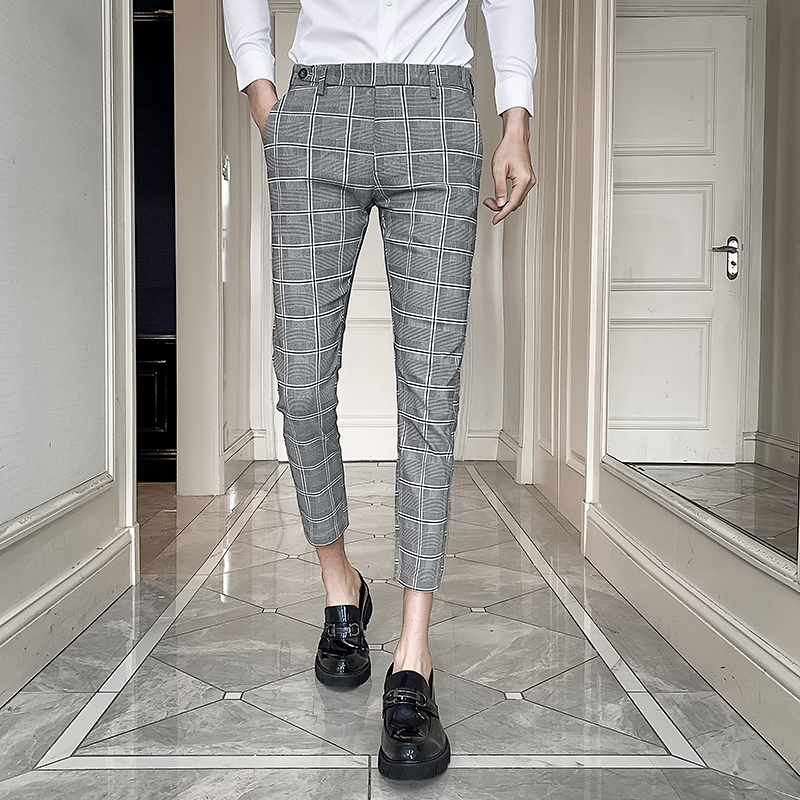 de los hombres vestido a cuadros pantalones de la longitud del tobillo Pantalon hombre Casual traje de hombre Slim Pantalón Formal de negocios pantalones Streetwear ropa