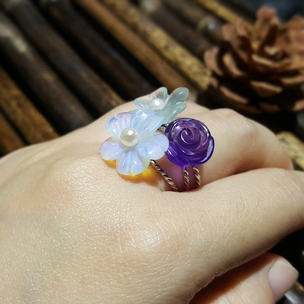 LiiJi Unico 925 Sterling Silver Ametista Rosa, Blu di Cristallo Acquamarina, opal Cristallo Del Fiore Della Perla Anello per Le Donne Ragazze Regalo