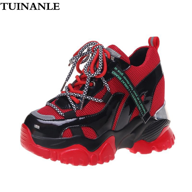 Tuinanle chunky sneakers høy hæl 10 cm kvinner høst tykk bunn plattform joggesko høyde økende kvinne sølv fritidssko