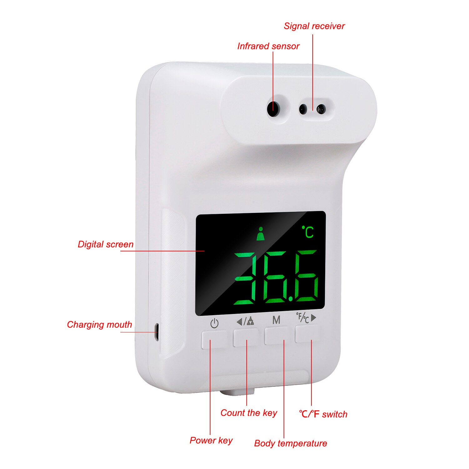 Non-Contact Infrared Thermal Imagr Digital Forehead Thermometer Wall-Mounted Infrared Thermometer °C/°F Unit Switch Fever Alarm