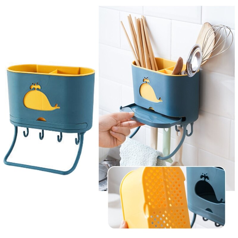 Multi-use Kitchen Organizer Wall Mounted Utensil Rack Flatware Drying Rack Sink Caddy with Hooks &amp; Towel Rack Punch-free