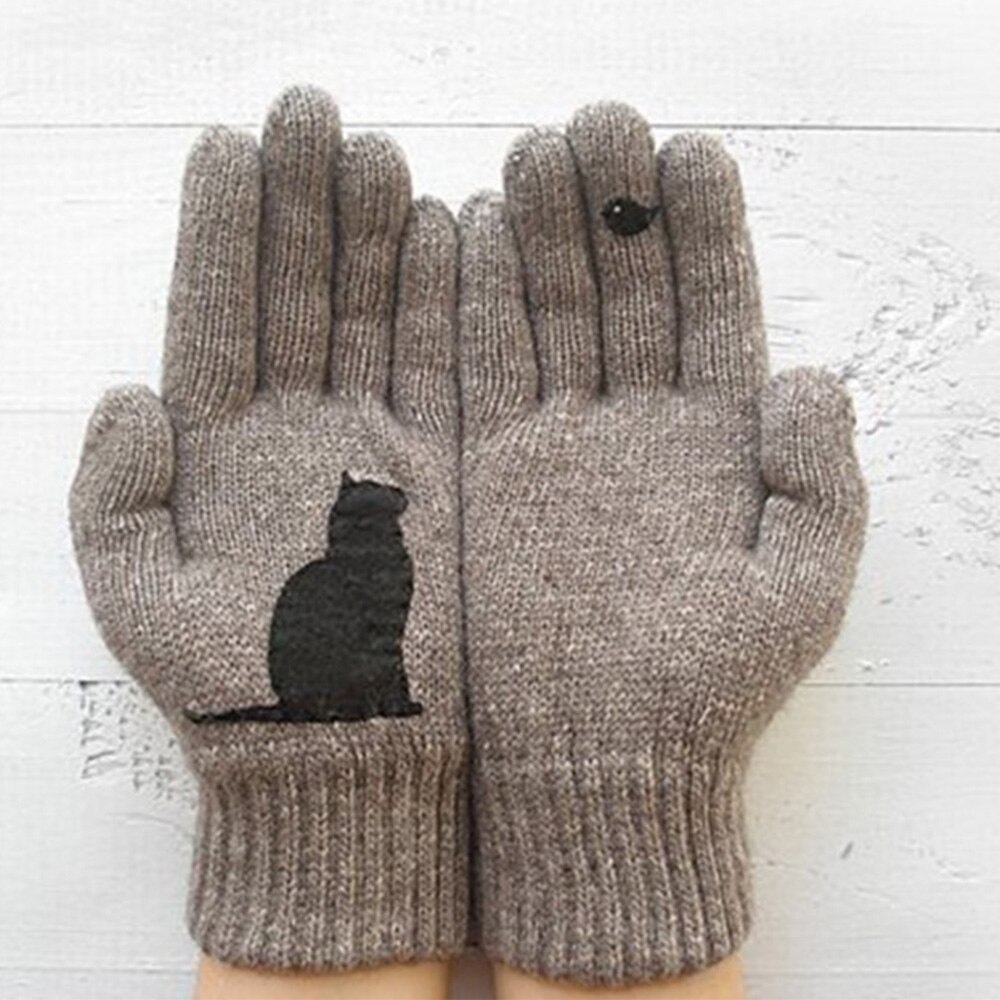 Winter Kasjmier Handschoenen Kat Vogel Cartoon Partern Afdrukken Patchwork Wollen Warme Wanten Volledige Vinger Voor Vrouwen Mannen Unisex: Khaki