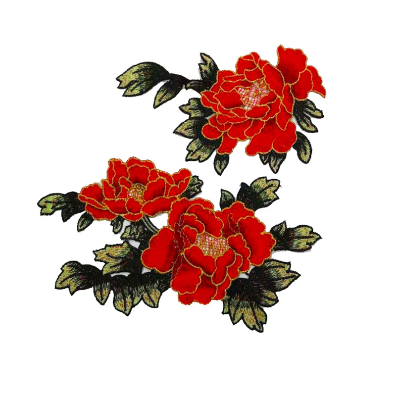 1 par sy på lapper flerfarvet pæonblomst broderipatch applikationer badge klistermærker tøj kinesisk stil tilbehør patches: Stor rød