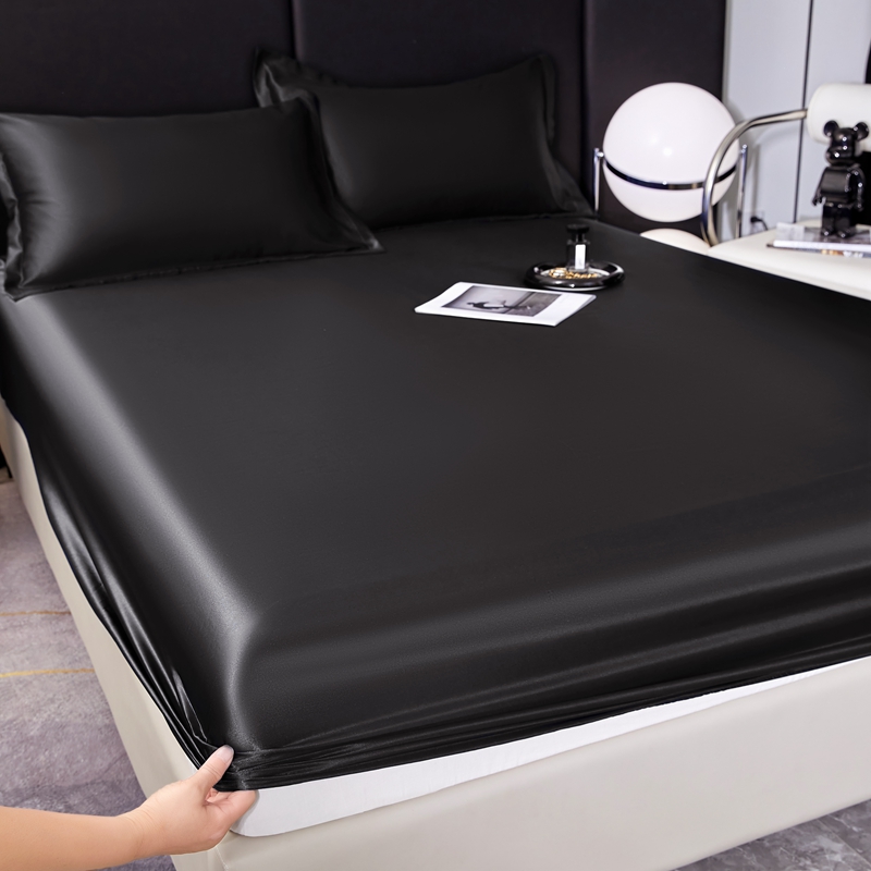 High-End Rayon Satin Fitted Sheet Silky Solid Color Bed Sheet Elastic Band Sheets Smooth Bedsheet Mattress Cover 150x200 180x200: 120x190cm / black