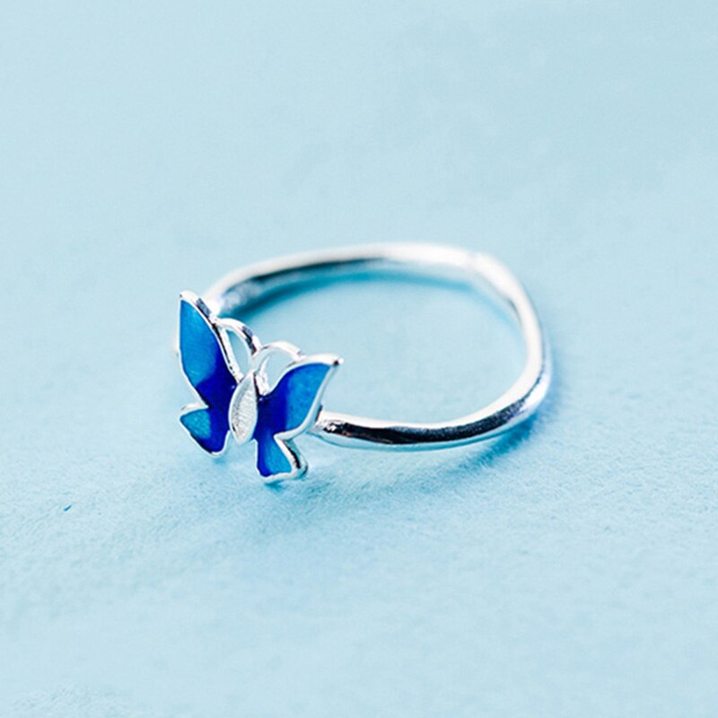 Inzatt echter 925 sterling silber blauer schmetterling verstellbarer ring für damen party feiner schmuck süße accessoires