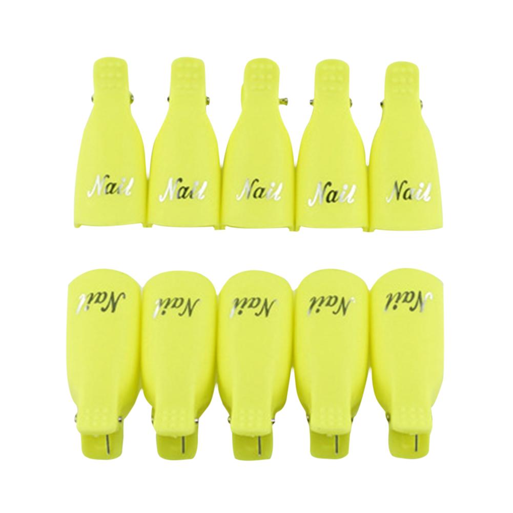 Pinzas para toallitas quitaesmaltes, conjunto de 10 Ud para sujetar almohadillas con líquido para retirar el esmalte en gel semipermanente UV, las pinzas de plástico se colocan en la punta de los dedos: YELLOW