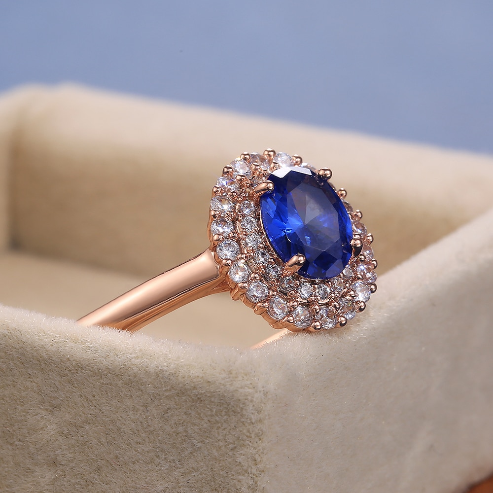 Huitan Oval Deep Blue Stone Women Wedding Bridal Rings Rose gold Color Gorgeous Engage Ring Mother’s Noble Jewelry