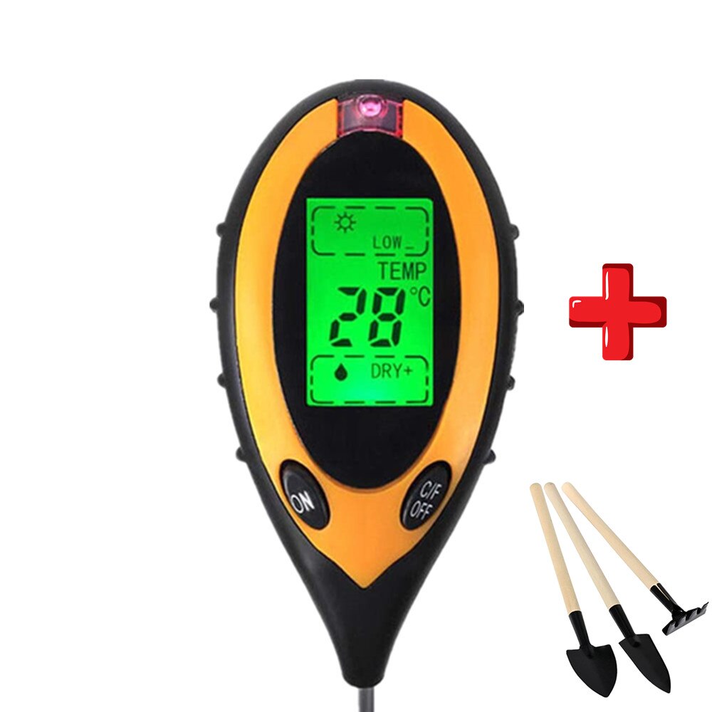 4 In 1 Soil PH Meter Soil Temperature Solar Moisture PH Meter Tester Garden Plants Flowers with Mini Gardening Tools Three-piece: Round plus