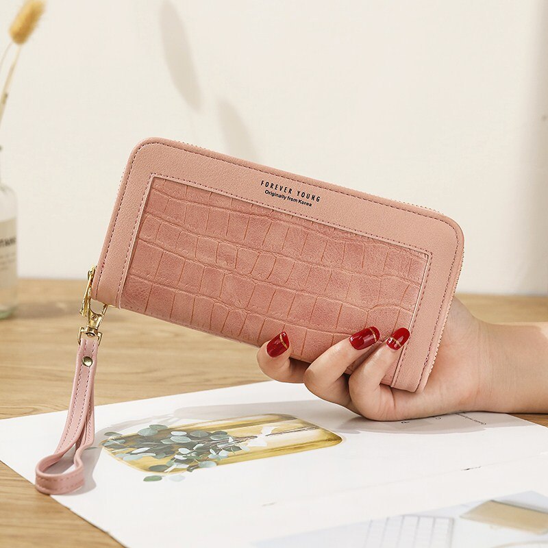 Ladies Wallet Long Zipper Korean Student Stone Pattern Purse Large Capacity Clutch Soft wallet Mobile Phone Bag Red Card: Single  light pink