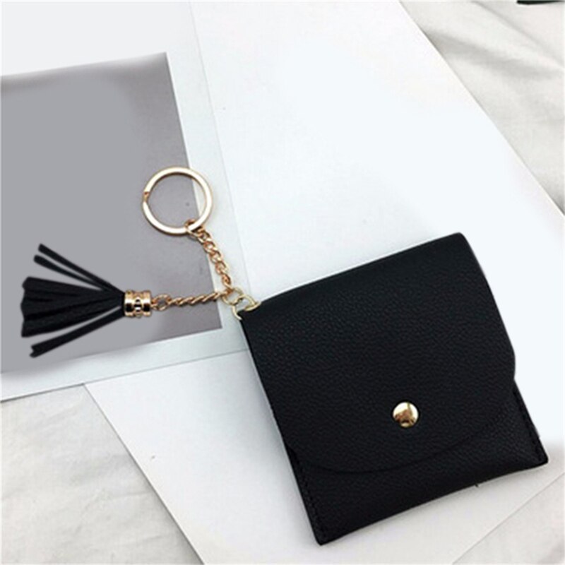 Wallets Women Coin Purse Ladies Pu Leather Tassel & Metal Ring Clutch Keychain Thin Key Bag Card Holders Mini Pouch: Black