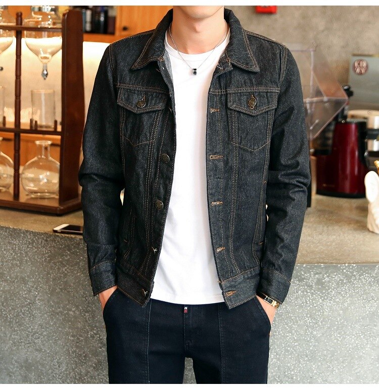 Solid Casual Slim Mens Denim Jacket Plus Size 4XL Bomber Jacket Men Cowboy Men&#39;s Jean Jacket Hombre Male: black / XXL
