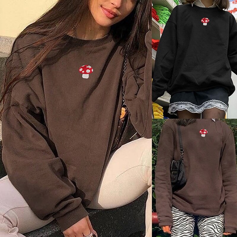 Sweatshirts Streetwear Mode Borduren Paddestoel Indie Esthetische 90S Lange Mouw Truien Grafische Crewneck Kleding