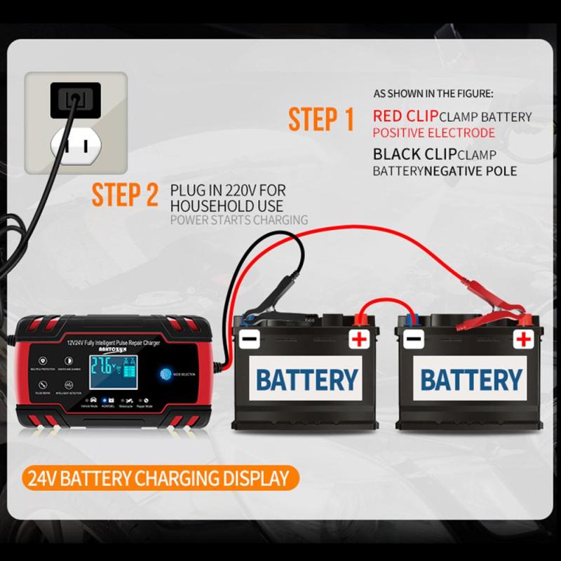 12V/24V Motorcycle Car Battery Charger with LCD Display Power Pulse Repair Wet Dry Lead Acid Battery-chargers US Plug