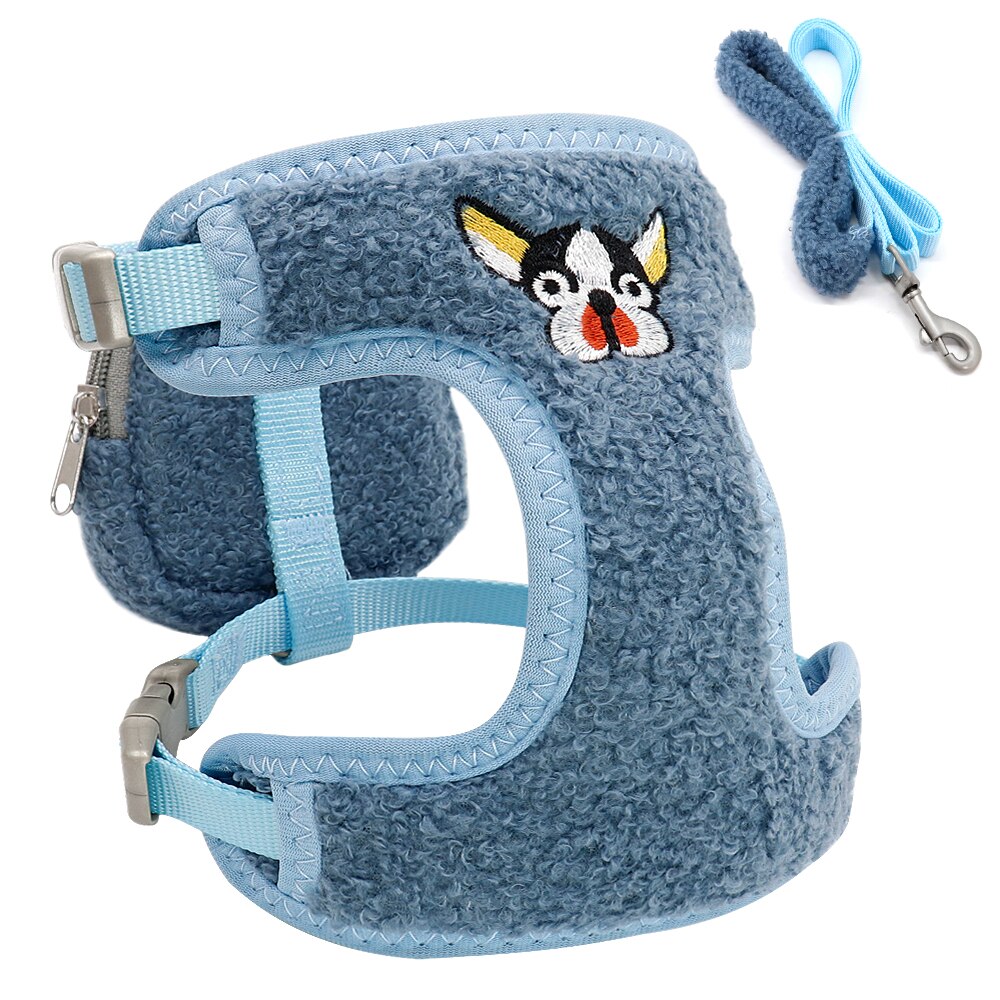 Lille hundesele snor med snackpose nylon chihuahua hvalpe kat sele bly flannel kæledyr mops seler til små mellemstore hunde: Blå / M
