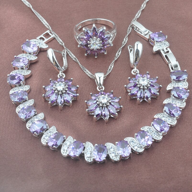 2022 Australia Purple Crystal Jewelry Set For Women Silver Color Earring Necklace Pendant Ring Bracelet Sets YZ0437