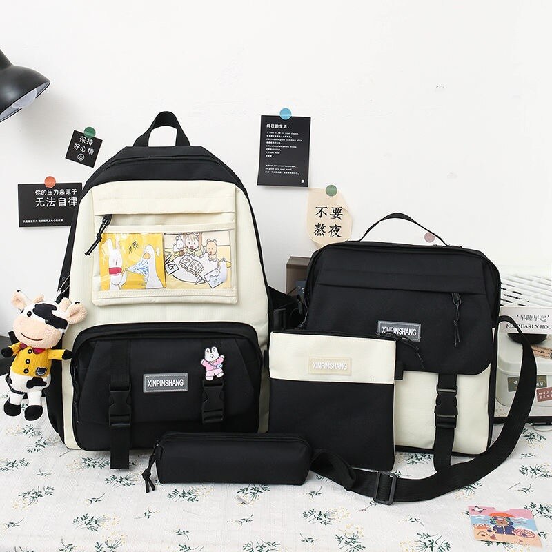 4 unids/set de lona mochilas para mujeres lindo bolsas para la Escuela de las niñas adolescentes bolsas los estudiantes mochilas para mujer mochila: Black cards / Only backpack