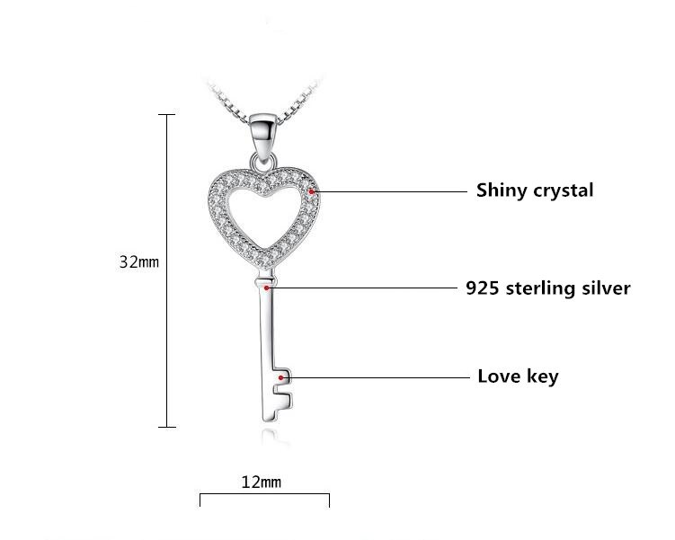 100% 925 Sterling silber romantische liebe herz schlüssel glänzenden kristall Damen'Anhänger halskette weibliche Kasten kurze kette schmuck