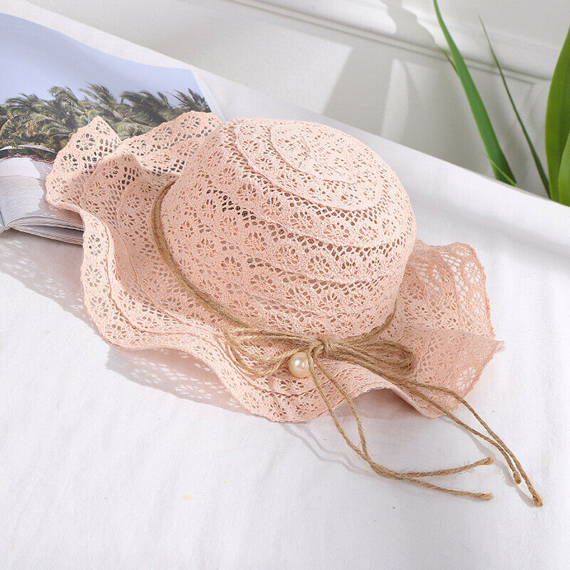 Zomer Baby Meisjes Bloemen Kant Golf Strand Emmer Hoed Kinderen Strand Caps Parel Opvouwbare Zonnescherm Hoed Casual Stro Caps 52 -54 Cm
