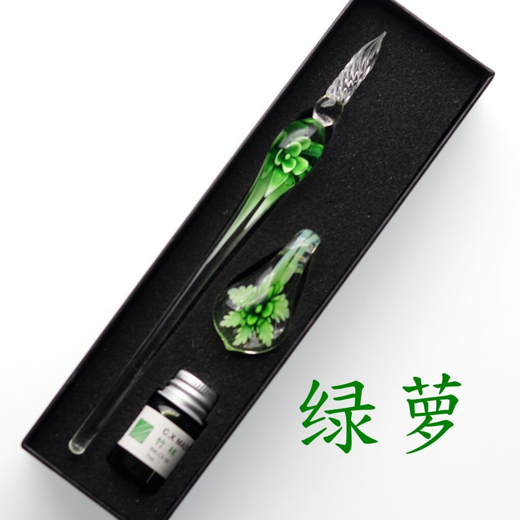 Jugal håndlavet lampwork glas pen blomst mønster gennemsigtig fyldepen guld pastel blæk signatur pen: Lille gaveæske f