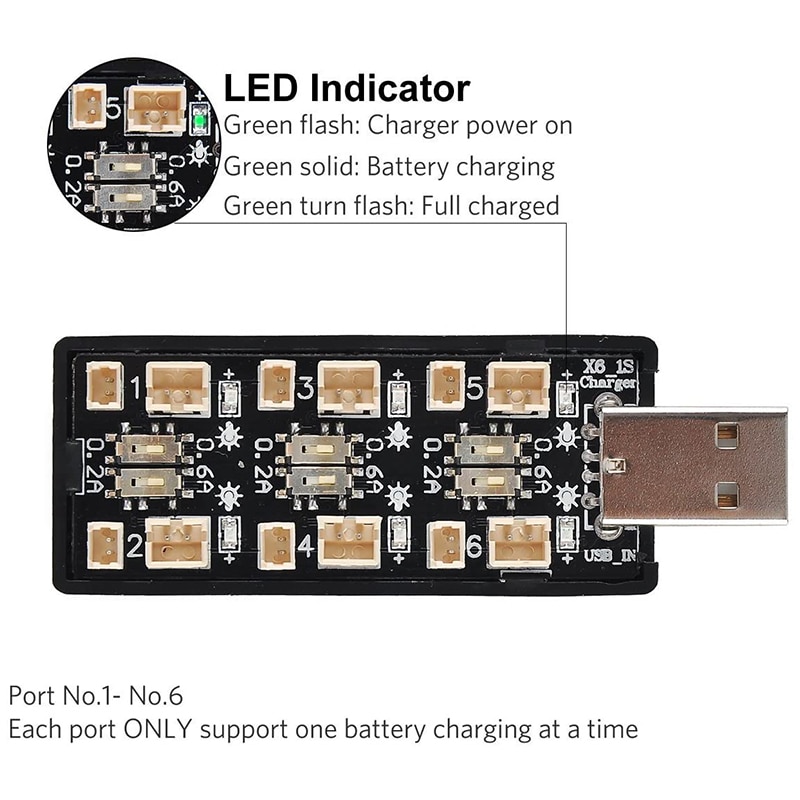 1S Lipo Batterij Usb Lader 3.7V/4.20V 6 Channel 1S Lipo Charger Micro-Jst 1.25 JST-PH 2.0 Mcx Mcpx Connectors