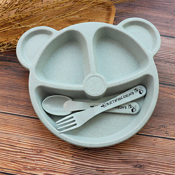 Baby Bowl Spoon Fork Feeding Food Anti Wheat Straw Training Tableware Set Cartoon Bear Kids Dishes Eating Dinnerware: green