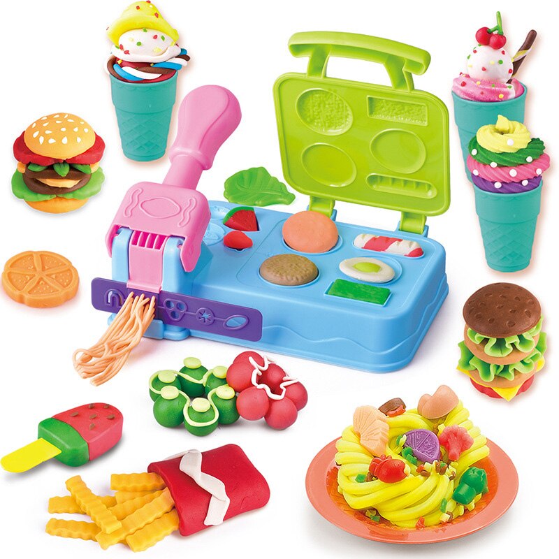 Diy nudelmaskine 3d clor blød ler legedeg sikker ikke-giftig hamburger maskine modellering lerdej håndlavet legetøj til børn