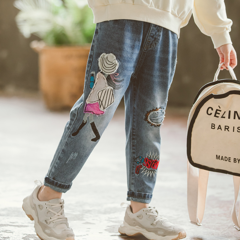 Tecknade blå jeans för barn flickor småbarn slitna kläder söta prinsessa jeansbyxor baby girl jeans tonårsbyxor bomull 12t