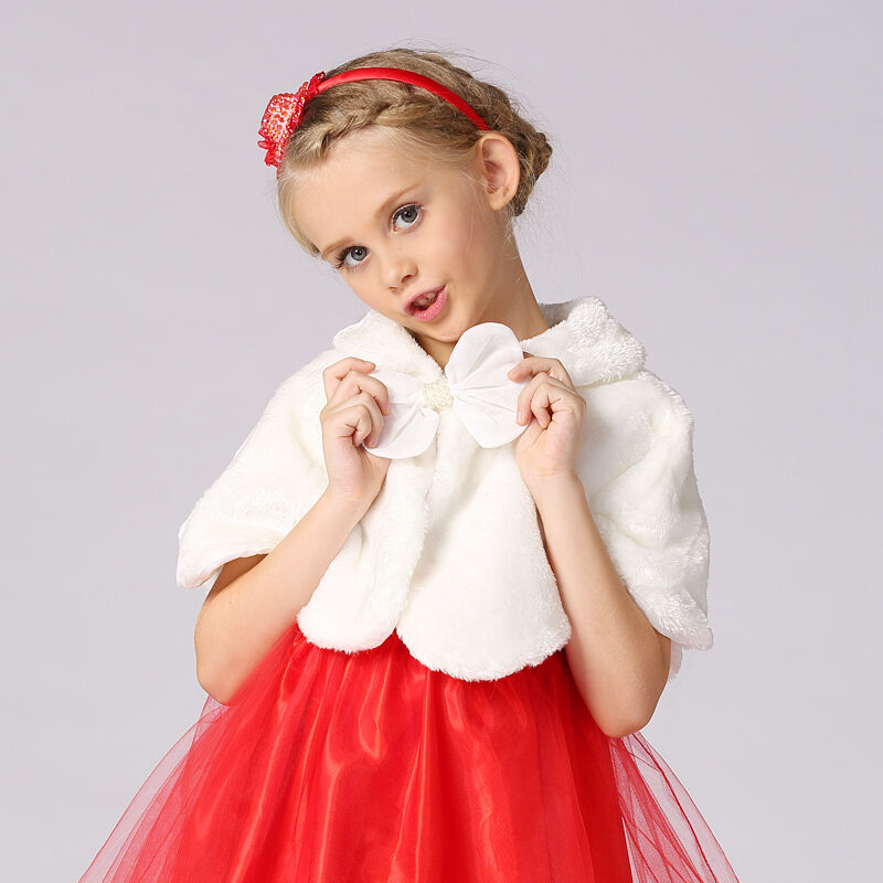 Capa de piel sintética abrigada para invierno para niñas, capa de pelo sintético blanco con lazo para boda o , abrigo clásico de pelo de imitación para niñas