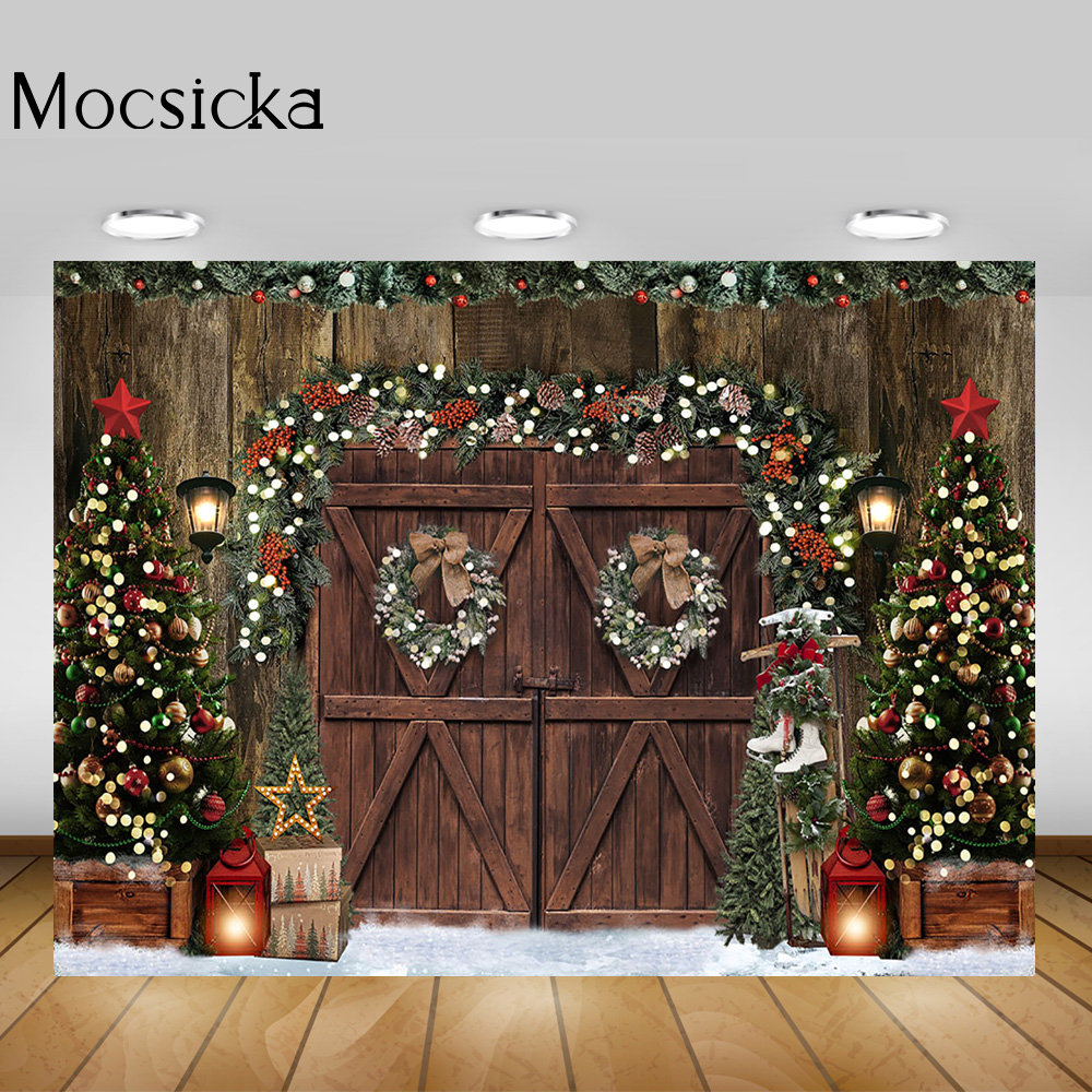 Winter Christmas Rustic Barn Wood Door Photo Backdrop Xmas Tree Snow Birthday Portrait Background Wreath Party Decor