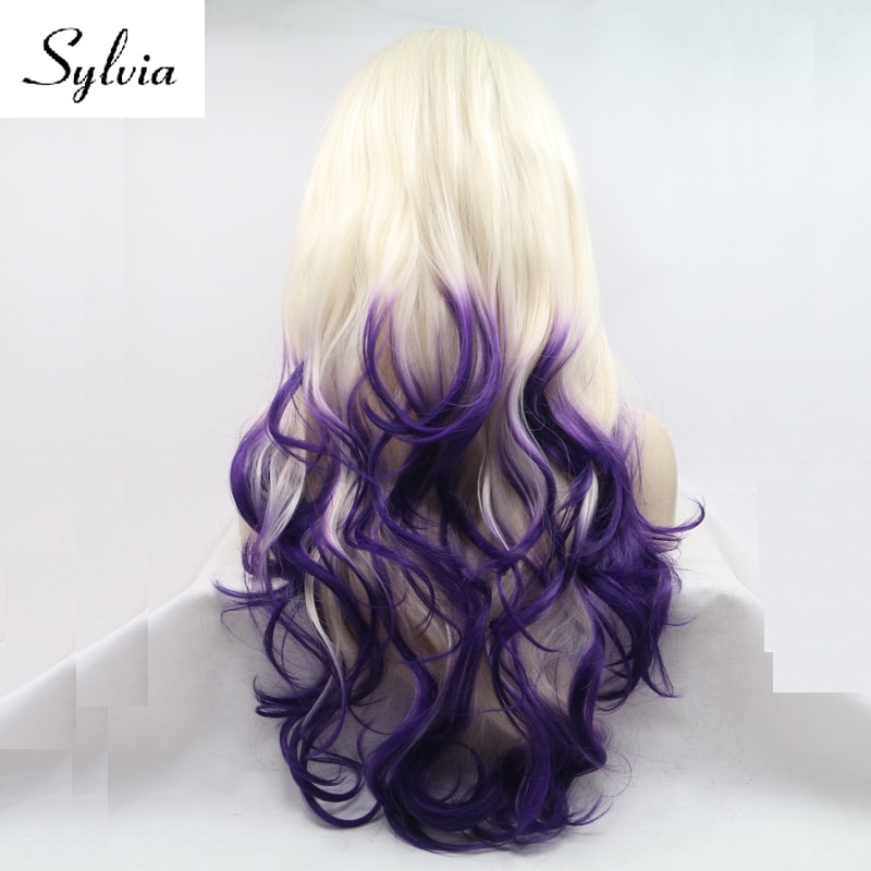 Sylvia platina blond med lila spetsar ombre body wave syntetisk spets främre peruker sidospår värmebeständigt fiberhår