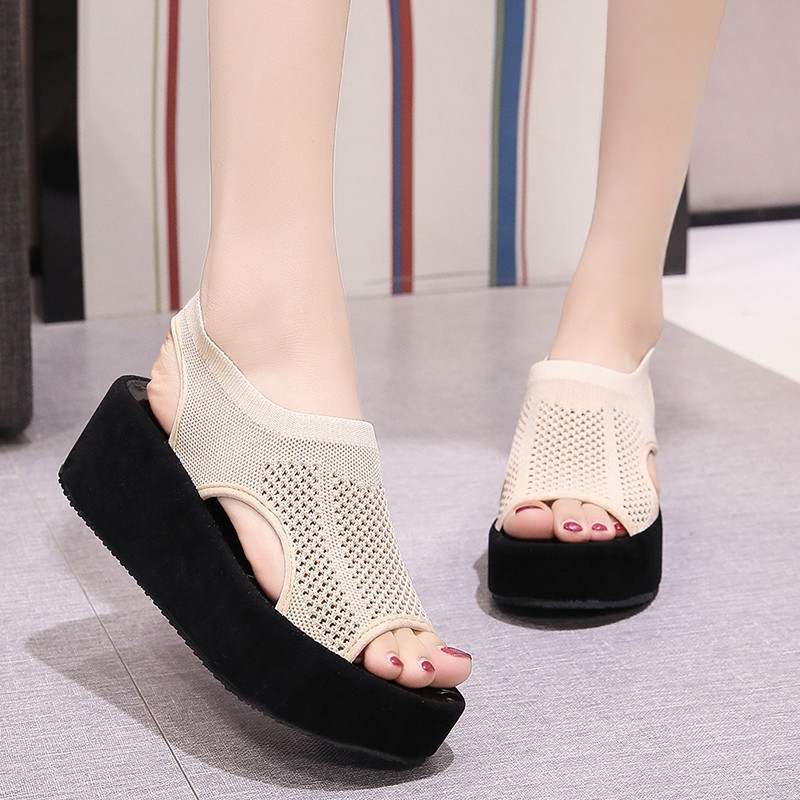Ökande höjd skor sandaler remmar slip-on loafers sommar dam klara klackar platt plattform kvinnlig sko träskor kil