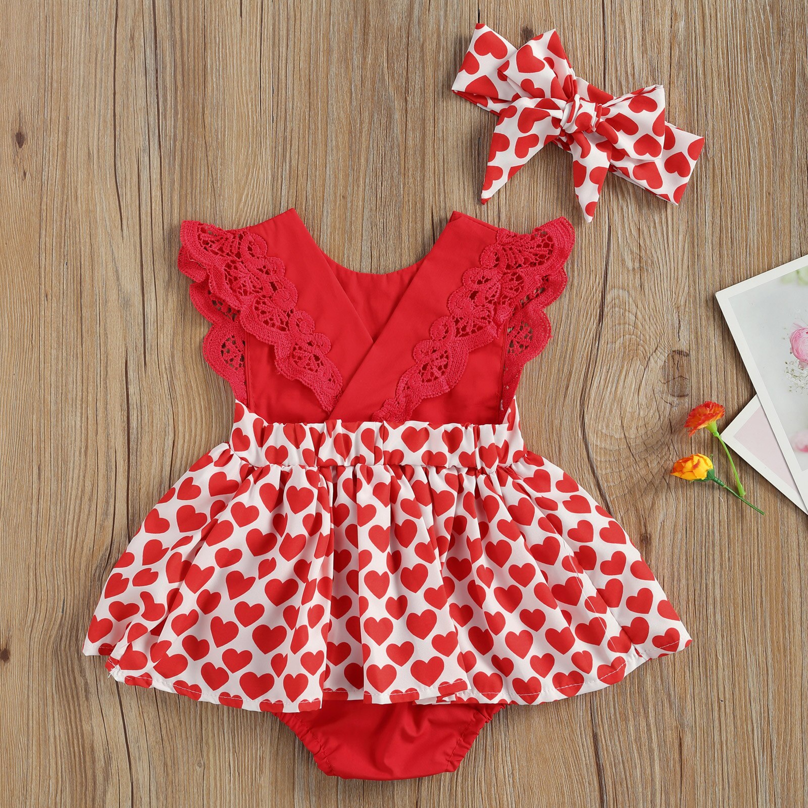 Dia dos namorados bonito do bebê meninas meninos bodysuits bandana amor coração impressão babados laço manga vestido macacões 0-24m