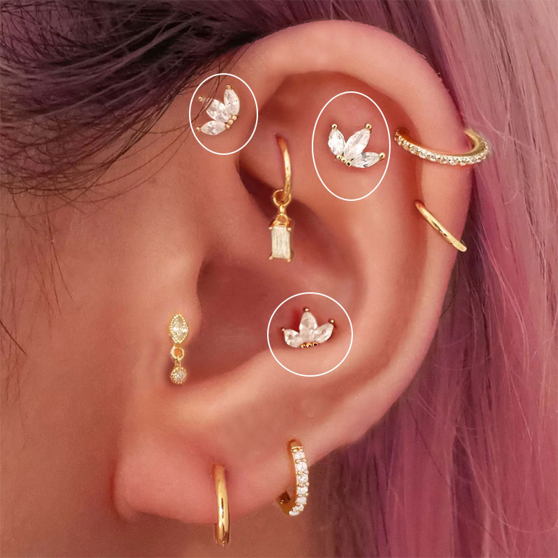 Piercing de oreja de circonita para mujer, pendientes de tuerca de acero inoxidable, Luna, flor, cartílago, hélice, Tragus, Rook, joyería plana, 1 ud.